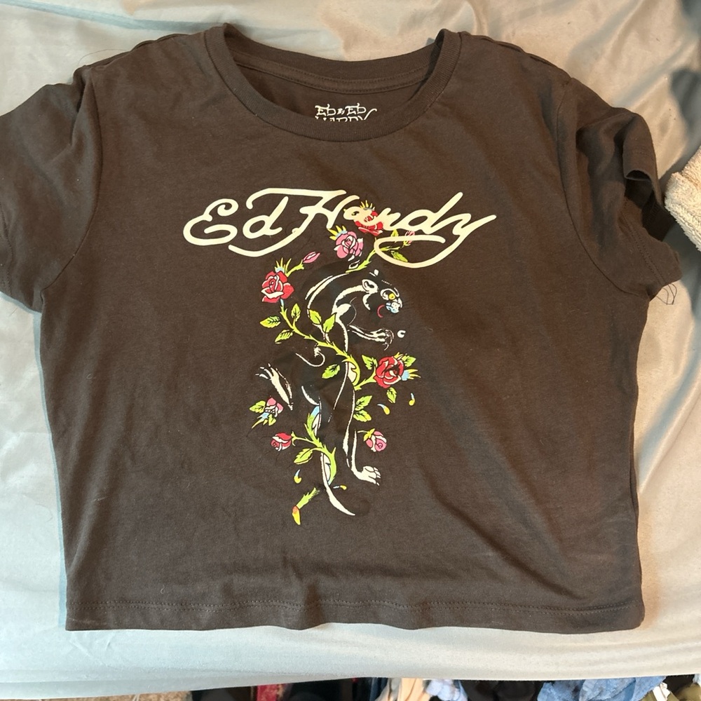 Ed Hardy Black Graphic Tee with Floral Print